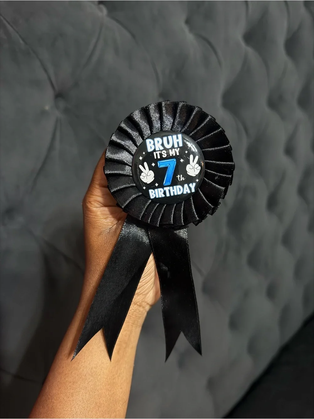 Bruh It's My 7th Birthday Black Celebration Ribbon Badge - Party Accessory